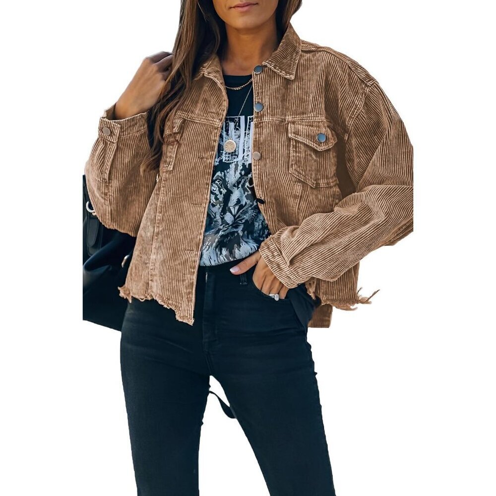 Women's Corduroy Shacket Jacket Casual Button Down Frayed Hem Small